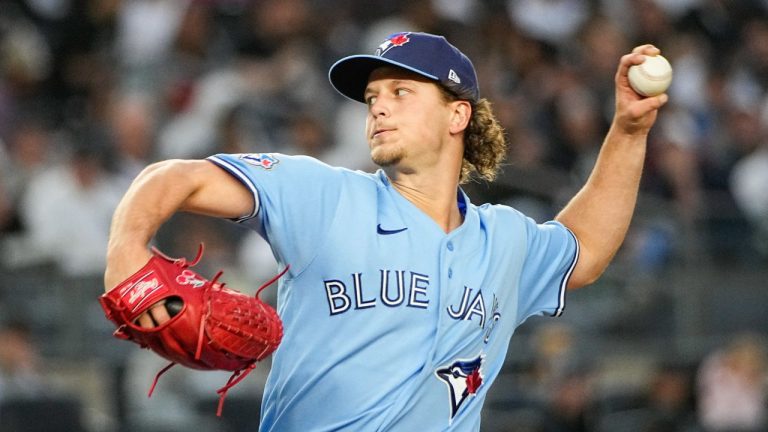 Toronto Blue Jays pitcher Adam Macko (64), throws during the second inning of a baseball game against the New York Yankees, Thursday, May 21, 2026. in New York. (Eduardo Munoz Alvarez/AP)