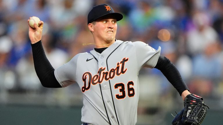 Detroit Tigers pitcher Ty Madden throws during the eighth inning of a baseball game against the Kansas City Royals, Saturday, May 9, 2026, in Kansas City, Mo. (Charlie Riedel/AP)