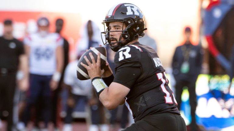 Ottawa Redblacks quarterback Jake Maier looks for a free receiver during first half CFL preseason football action against the Montreal Alouettes in Montreal, Friday, May 22, 2026. (Peter McCabe/THE CANADIAN PRESS)