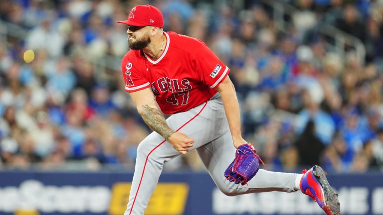 Los Angeles Angels pitcher Alek Manoah (47) works against the Toronto Blue Jays during eighth inning MLB baseball action in Toronto on Friday, May 8, 2026. (Frank Gunn/CP)