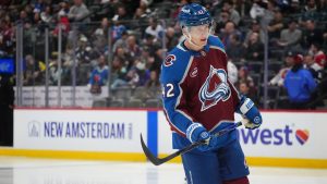 Colorado Avalanche defenceman Josh Manson (42) in the second period of an NHL hockey game Wednesday, Feb. 4, 2026, in Denver. (David Zalubowski/AP)