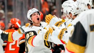 Vegas Golden Knights right wing Mitch Marner, second from left, celebrates his goal with teammates during the first period in Game 6 of a second-round NHL hockey Stanley Cup playoff series against the Anaheim Ducks, Thursday, May 14, 2026, in Anaheim, Calif. (Mark J. Terrill/AP)