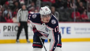 Columbus Blue Jackets' Mason Marchment plays against the Detroit Red Wings in the first period of an NHL hockey game Tuesday, April 7, 2026, in Detroit. (Paul Sancya/AP)