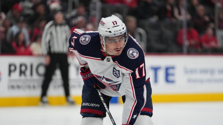 Columbus Blue Jackets' Mason Marchment plays against the Detroit Red Wings in the first period of an NHL hockey game Tuesday, April 7, 2026, in Detroit. (Paul Sancya/AP)