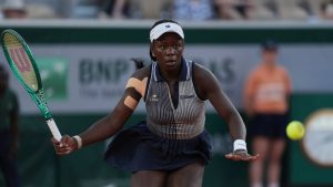 Victoria Mboko of Canada returns to Katerina Siniakova of the Czech Republic during their second round women's singles tennis match at the French Open tennis tournament in Paris, Thursday, May 28, 2026. (Thibault Camus/AP)