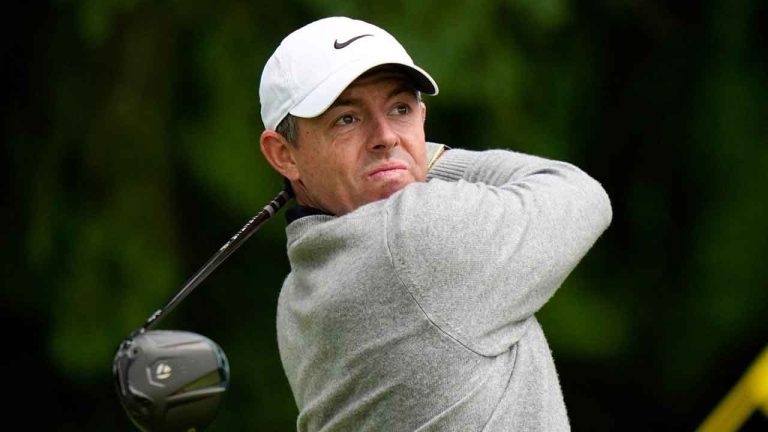 Rory McIlroy, of Northern Ireland, hits from the fourth tee during the second round of the PGA Championship golf tournament at Aronimink Golf Club. (Frank Franklin II/AP)