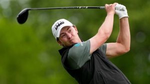 Maverick McNealy hits from the second tee during the second round of the PGA Championship golf tournament at Aronimink Golf Club, Friday, May 15, 2026, in Newtown Square, PA. (Matt Slocum/AP Photo)