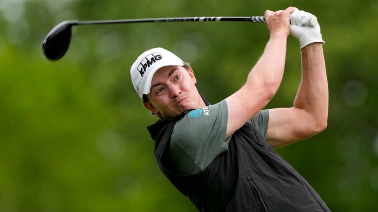 Maverick McNealy hits from the second tee during the second round of the PGA Championship golf tournament at Aronimink Golf Club, Friday, May 15, 2026, in Newtown Square, PA. (Matt Slocum/AP Photo)