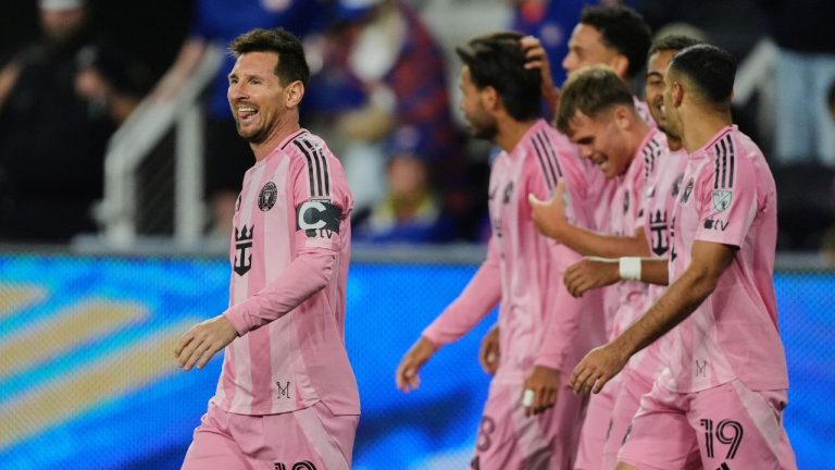 Inter Miami CF midfielder Lionel Messi, left, celebrates after scoring a goal during the second half of an MLS soccer game Wednesday, May 13, 2026, in Cincinnati. (Joshua A. Bickel/AP Photo)