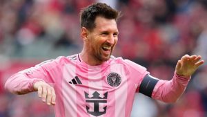 Inter Miami CF midfielder Lionel Messi (10) celebrates his goal during second half MLS soccer against Toronto FC, in Toronto on Saturday, May 9, 2026. (Frank Gunn/THE CANADIAN PRESS)