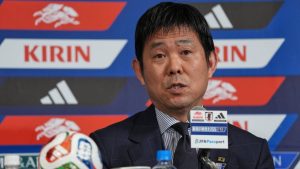 Hajime Moriyasu, head coach of Japan's national soccer team, speaks during a news conference announcing Japan's squad for the 2026 FIFA World Cup Friday, May 15, 2026, in Tokyo. (Eugene Hoshiko/AP)