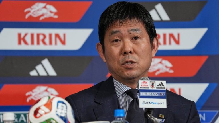 Hajime Moriyasu, head coach of Japan's national soccer team, speaks during a news conference announcing Japan's squad for the 2026 FIFA World Cup Friday, May 15, 2026, in Tokyo. (Eugene Hoshiko/AP)