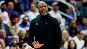 Orlando Magic head coach Jamahl Mosley directs his team during the first half in Game 7 of a first-round NBA basketball playoffs series against the Detroit Pistons Sunday, May 3, 2026, in Detroit. (Duane Burleson/AP)
