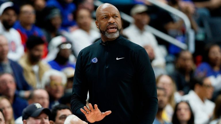 Orlando Magic head coach Jamahl Mosley directs his team during the first half in Game 7 of a first-round NBA basketball playoffs series against the Detroit Pistons Sunday, May 3, 2026, in Detroit. (Duane Burleson/AP)