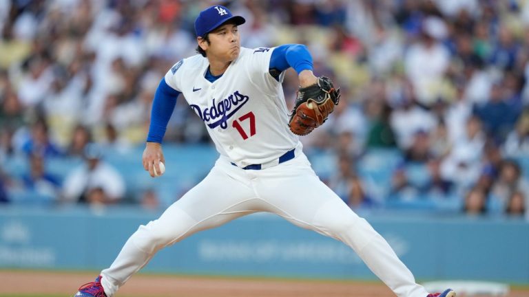 Los Angeles Dodgers pitcher Shohei Ohtani throws to the plate during the first inning of a baseball game against the San Francisco Giants, Wednesday, May 13, 2026, in Los Angeles. (Mark J. Terrill/AP Photo)