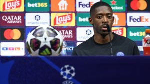 Paris Saint-Germain's Ousmane Dembele meets the media ahead of the Champions League final soccer match between Paris Saint-Germain (PSG) and Arsenal, in Budapest, Friday 29, 2026. (Franck Fife/Pool Photo via AP)