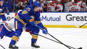 Buffalo Sabres defenseman Owen Power (25) skates during the first period in Game 1 of a second-round NHL hockey Stanley Cup playoff series against the Montreal Canadiens. (Jeffrey T. Barnes/AP)