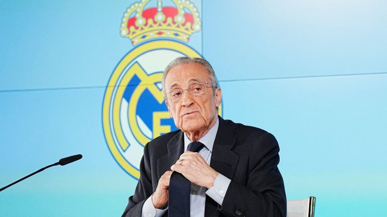 Real Madrid president Florentino Perez gives a press conference in Madrid, Tuesday, May 12, 2026. (Bernat Armangue/AP)