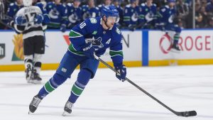 Vancouver Canucks' Elias Pettersson (40) skates with the puck during the third period of an NHL hockey game against the Los Angeles Kings, in Vancouver, on Tuesday, April 14, 2026. (Darryl Dyck/CP)