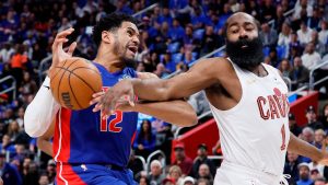 Cleveland Cavaliers guard James Harden (1) knocks the ball out of the hands of Detroit Pistons forward Tobias Harris (12) while going to the basket during the first half in Game 5 of a second-round NBA playoffs basketball series Wednesday, May 13, 2026, in Detroit. Duane Burleson/AP Photo)