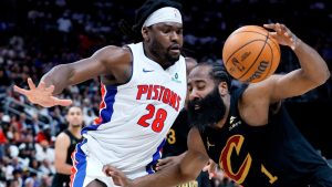 Cleveland Cavaliers guard James Harden (1) drives against Detroit Pistons forward Isaiah Stewart (28) during the first half in Game 1 of a second-round NBA playoffs basketball series Tuesday, May 5, 2026, in Detroit. (Duane Burleson/AP Photo)