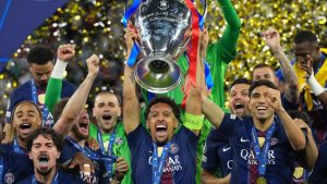 PSG's Marquinhos lifts the trophy after defeating Arsenal at the Champions League final soccer match between Paris Saint-Germain and Arsenal in Budapest, Hungary, Saturday, May 30, 2026. (Andreea Alexandru/AP)