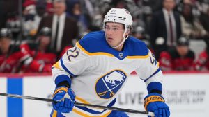 Buffalo Sabres' Jack Quinn (22) during the first period of an NHL hockey game against the New Jersey Devils Wednesday, Feb. 25, 2026, in Newark, N.J. (Frank Franklin II/AP Photo)