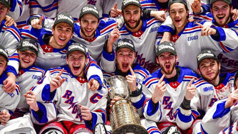 The Kitchener Rangers celebrate after winning the OHL championship on May 12, 2026 in Barrie, Ont. (Charles Warburton/OHL Images)