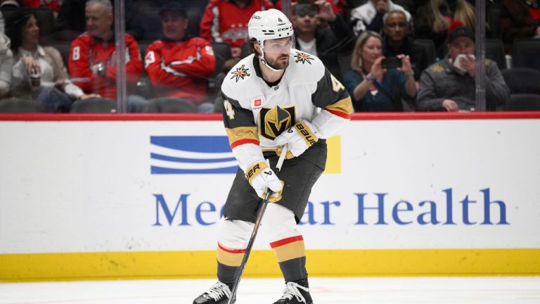 Vegas Golden Knights defenceman Rasmus Andersson (4) in action during the first period of an NHL hockey game against the Washington Capitals, Friday, Feb. 27, 2026, in Washington. (Nick Wass/AP)
