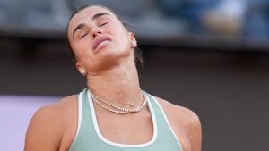 Belarus' Aryna Sabalenka reacts during the match against Romania's Sorana Cirstea at the Italian Open tennis tournament in Rome, Saturday, May 9, 2026. (Alessandra Tarantino/AP)