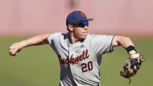 Bucknell infielder Sean Keys makes a play against Saint Joseph's during an NCAA baseball game on Sunday, March 3, 2024 in Philadelphia. (Jason E. Miczek/AP)