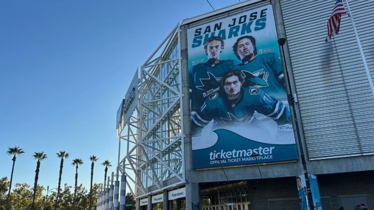 An exterior view of SAP Center at San Jose is shown before an NHL hockey game between the San Jose Sharks and the Pittsburgh Penguins in San Jose, Calif., Saturday, Oct. 18, 2025. (Jeff Chiu/AP Photo)