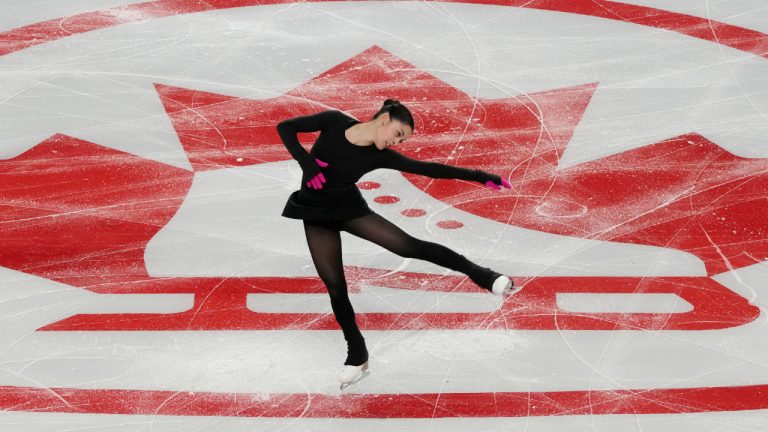 Madeline Schizas, of Canada, during the women's practice session ahead of the Skate Canada International figure skating competition in Halifax on Thursday, October 24, 2024. (Darren Calabrese/CP)