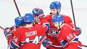 Montreal Canadiens' Juraj Slafkovsky (20) celebrates his goal with teammates during second period, second round, Game 3, NHL playoff hockey action against the Buffalo Sabres, in Montreal, Sunday, May 10, 2026. (Graham Hughes/THE CANADIAN PRESS)