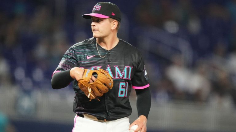 Miami Marlins starting pitcher Robby Snelling (61) prepares to throw during the second inning of a baseball game against the Washington Nationals, Friday, May 8, 2026, in Miami. (Lynne Sladky/AP)