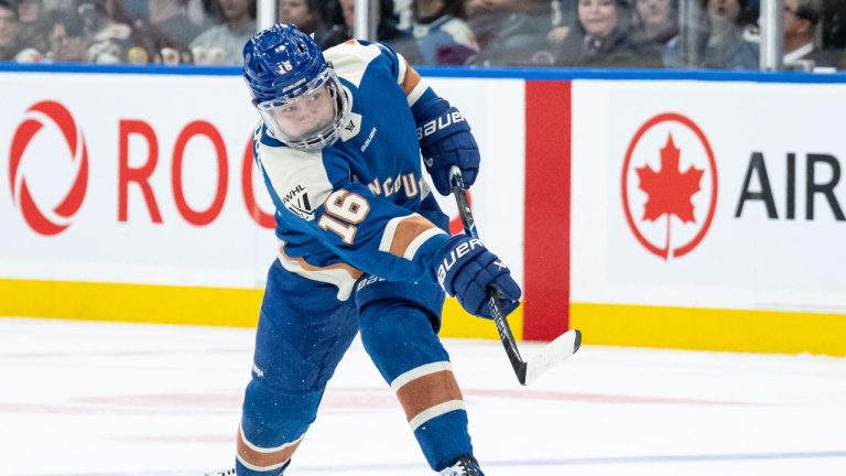 Vancouver Goldeneyes' Sophie Jaques (16) shoots the puck against the New York Sirens during the third period of a PWHL hockey game in Vancouver, on Wednesday, March 18, 2026. (Ethan Cairns/CP)