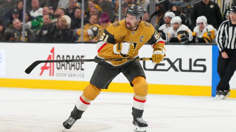 Vegas Golden Knights right wing Mark Stone (61) skates against the Pittsburgh Penguins during the third period of an NHL hockey game Thursday, March 12, 2026, in Las Vegas. (Candice Ward/AP)