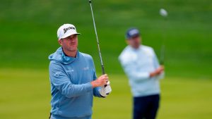 Taylor Pendrith, of Canada, left, and Nick Taylor, of Canada, hit during a PGA Championship golf tournament practice round at Aronimink Golf Club, Wednesday, May 13, 2026, in Newtown Square, Penn. (Matt Slocum/AP)