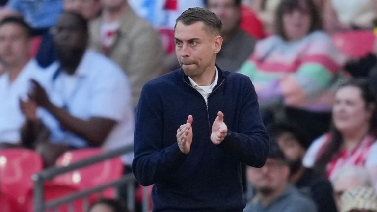 Southampton's coach Tonda Eckert reacts during the FA Cup semifinal soccer match between Manchester City and Southampton in Manchester, England, Saturday, April 25, 2026. (Kin Cheung/AP)