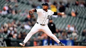 Detroit Tigers starting pitcher Framber Valdez throws during the first inning of a baseball game against the Boston Red Sox, Tuesday, May 5, 2026, in Detroit. (Jose Juarez/AP)