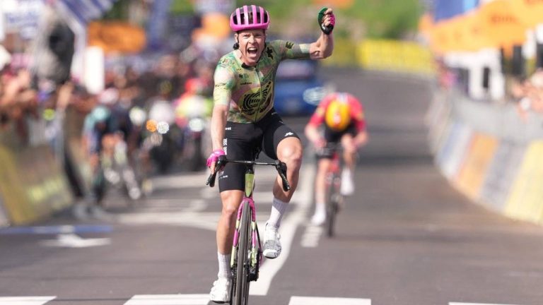 Denmark's Michael Valgren celebrates winning the 17th stage of the Giro d'Italia cycling race from Cassano D'Adda to Andalo, Italy, Wednesday, May 27, 2026. (Gianmattia D'Albertoi/LaPresse via AP)