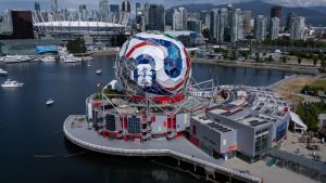Science World is pictured wrapped as a soccer ball for the FIFA World Cup 2026 in Vancouver, on Sunday, May 24, 2026. (Ethan Cairns/CP)