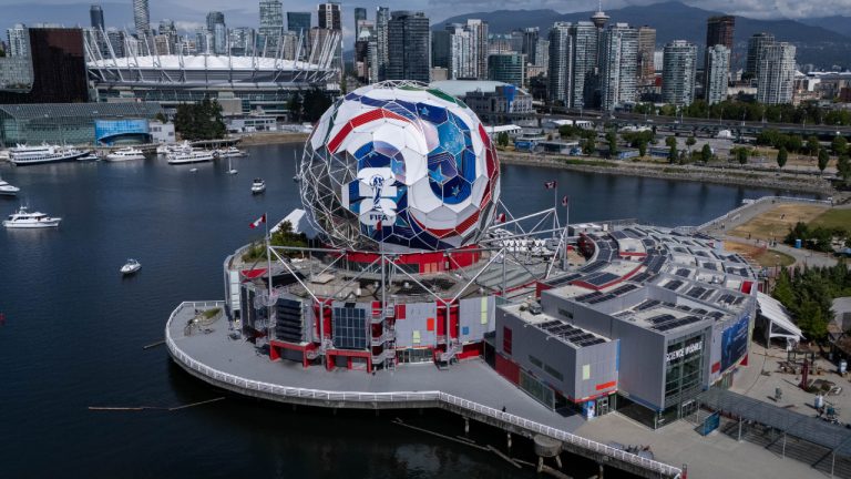 Science World is pictured wrapped as a soccer ball for the FIFA World Cup 2026 in Vancouver, on Sunday, May 24, 2026. (Ethan Cairns/CP)