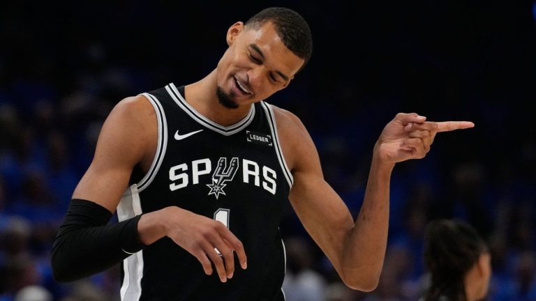 San Antonio Spurs forward Victor Wembanyama celebrates during the second half of Game 1 in a third-round NBA basketball playoffs series against the Oklahoma City Thunder Monday, May 18, 2026, in Oklahoma City. (Tony Gutierrez/AP)