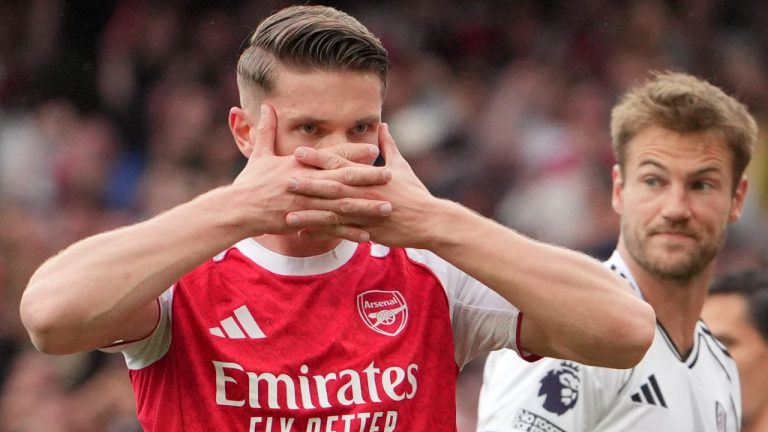 Arsenal's Viktor Gyoekeres celebrates after scoring his side's opening goal during the English Premier League soccer match between Arsenal and Fulham in London, England, Saturday, May 2, 2026. (Kin Cheung/AP)