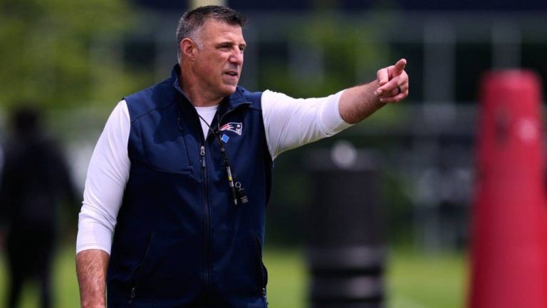 New England Patriots head coach Mike Vrabel calls to his players during NFL football practice, Wednesday, May 27, 2026, in Foxborough, Mass. (Charles Krupa/AP)