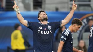 Vancouver Whitecaps FC forward Brian White celebrates his goal during the first half of an MLS soccer match against San Diego FC Saturday, May 23, 2026, in San Diego. (Gregory Bull/AP)