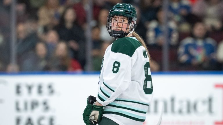 Boston Fleet's Haley Winn (8) waits for a face off against the Vancouver Goldeneyes during the first period of a PWHL game in Vancouver, on Tuesday, March 10, 2026. (Ethan Cairns/CP)