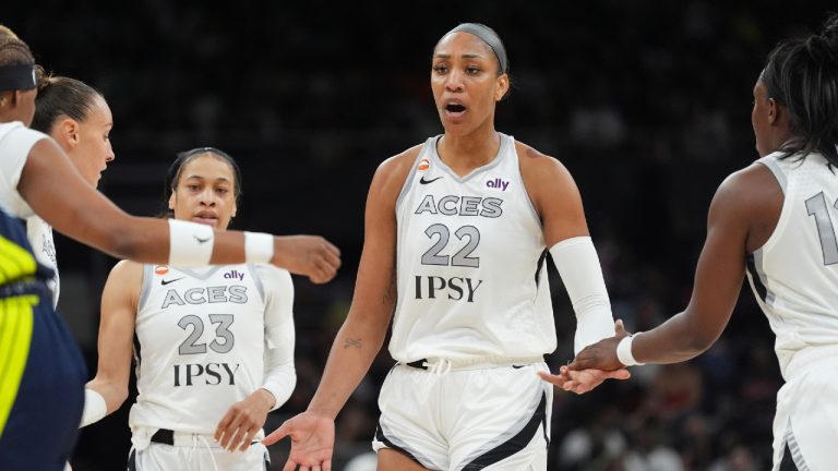 Las Vegas Aces centre A'ja Wilson (22) celebrates a play with teammates during the first half of a WNBA preseason basketball game against the Dallas Wings in Austin, Texas, Sunday, May 3, 2026. (Eric Gay/AP)