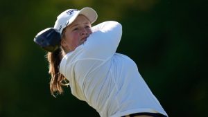 Lottie Woad, of England, hits off the third tee during the first round of the Mizuho Americas Open LPGA golf tournament, Thursday, May 7, 2026, in West Caldwell, N.J. (AP/Seth Wenig)